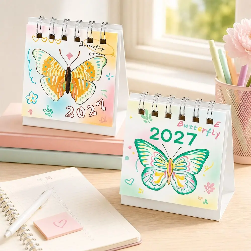 창의적인 나비 패턴 2027 책상 달력 종이 휴대용 플립 달력 스탠딩 디자인 스탠딩 달력 일일 계획