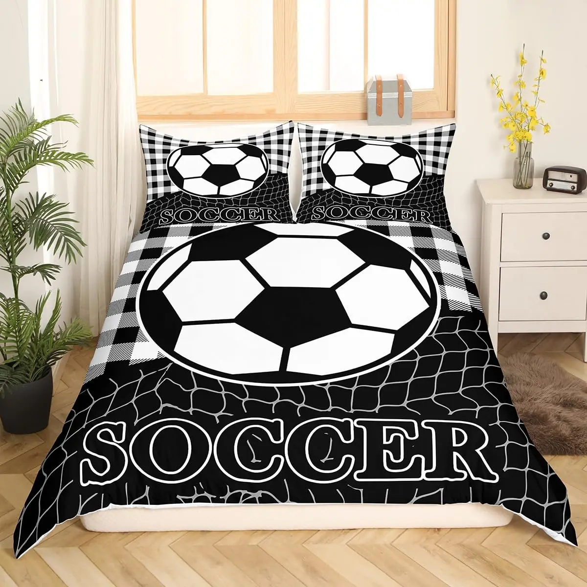 Cartoon Soccer Duvet Cover Set Printed Football Bedding Sets for Kids Boys Girls Bedroom Decor Sports Theme Comforter Cover Set 3