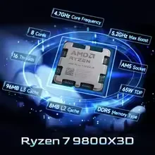 AMD 라이젠 7 9800X3D AM5 CPU 8코어 16스레드 5.2GHz 96MB 3D 캐시 4nm DDR5 120W 게이밍 프로세서 (팬 미포함)