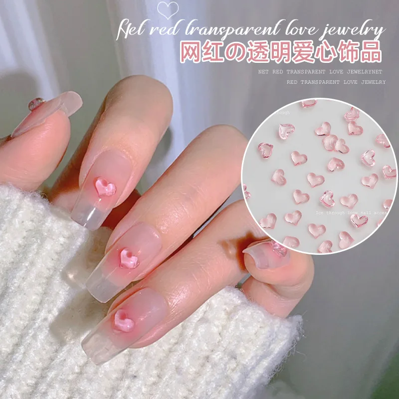 100Pcs Transparent Love Heart Nail Art Decorations 3D Nail Charms Resin Flatback Rhinestone Gems For DIY Manicure Accessories