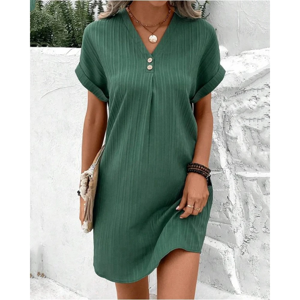 

2024 Fashion Women V-Neck Buttoned Decor Ruched Short Summer Dress Femme Short Sleeve Green Dress Robe Casual Clothing traf