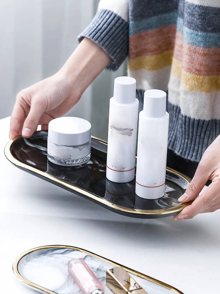 Nordic marble ceramic jewelry tray creative oval gold border key aromatherapy jewelry storage tray