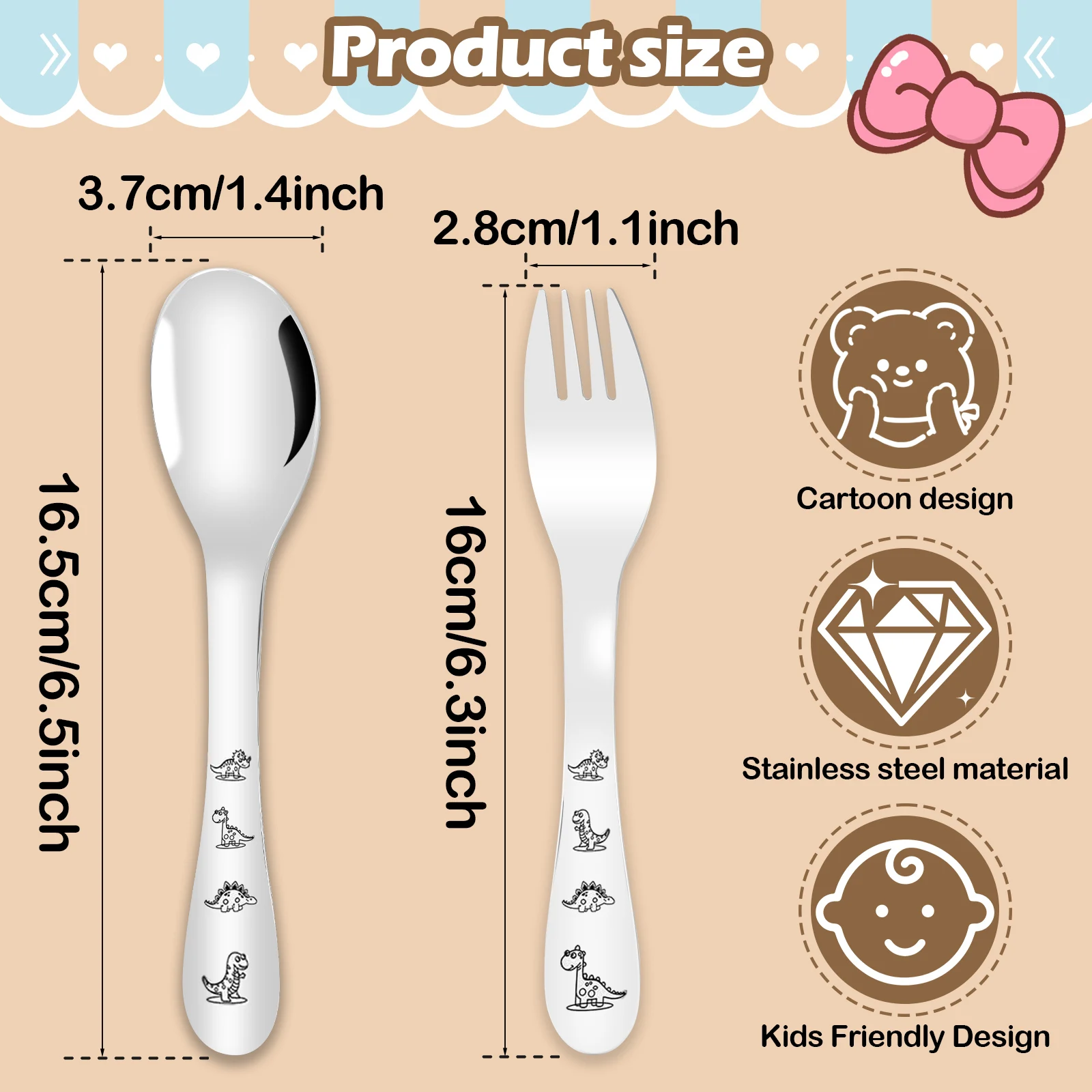 10Pcs Stainless Steel Toddler Utensils Set Cartoon Dinosaur Kid Silverware Set Mirror Polished Child Fork and Spoon Kit