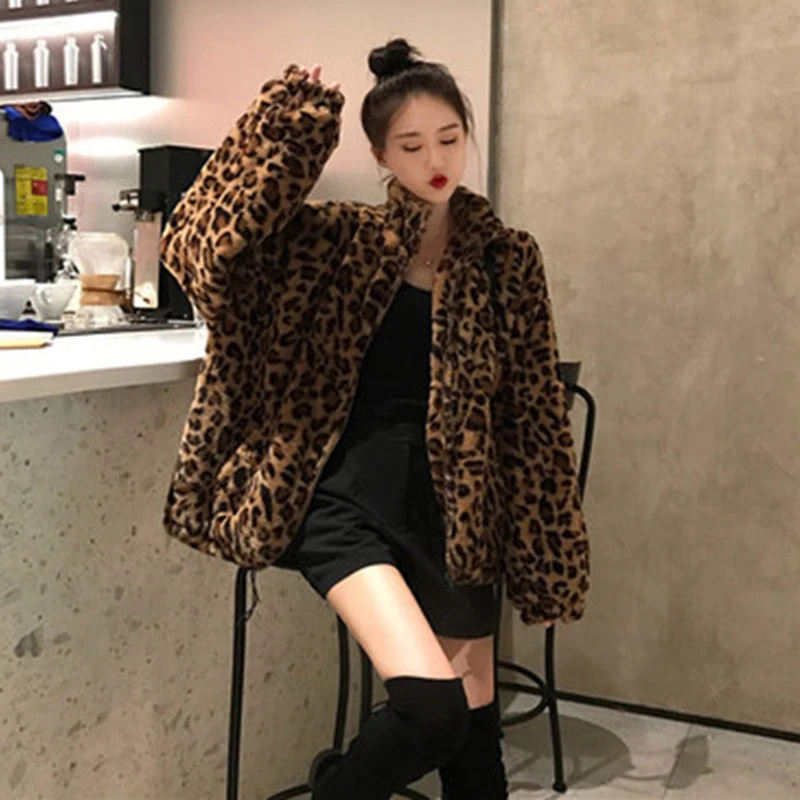 Vintage Leopard Warm Flurry Jacket Women Autumn Winter Thick Cropped Fake Fur Coat Korean Fashion Imitation Mink Zipper Outwear