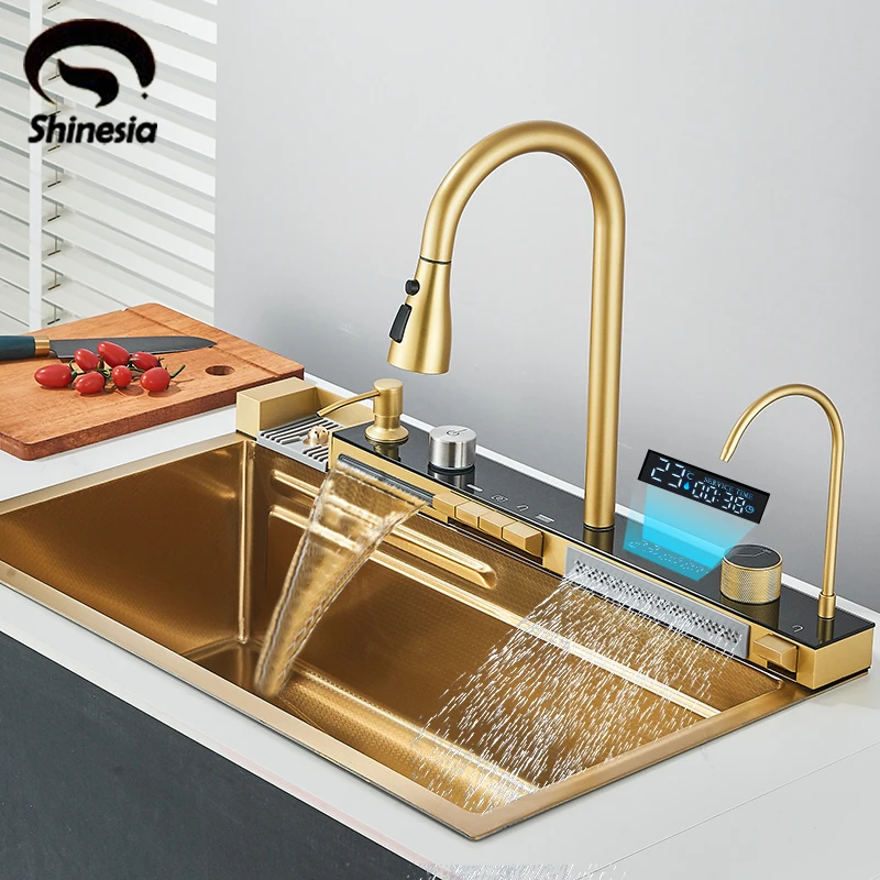 Shinesia 201Stainless Steel Kitchen Sink Double Waterfall Single Slot Digital Display Faucet Set Soap dispenser Cup Washer