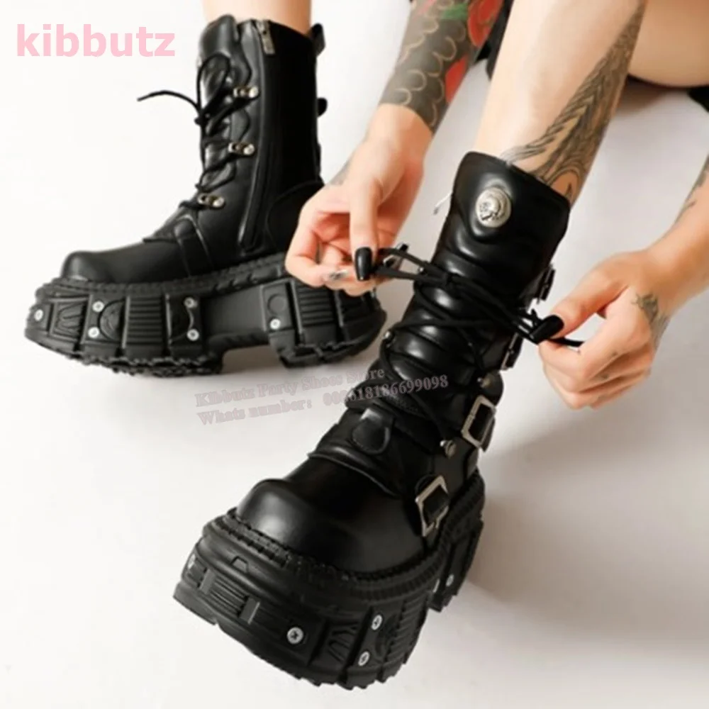 

Metal Thick Bottom Mid Calf Boots Dark Rock Punk Belt Buckle Round Toe Height Increase Lace-up Zipper Fashion Women Shoes Newest