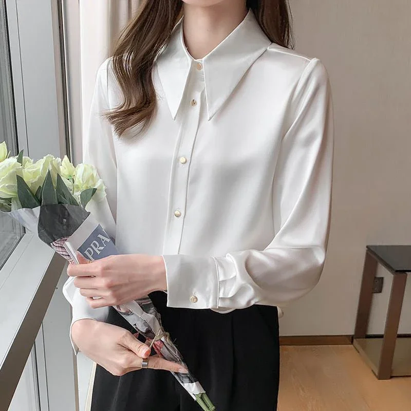 Spring Autumn Office Lady Elegant Fashion Polo-neck Chiffon Shirt Solid Long Sleeve All-match Bottomed Blouse Top Women Cardigan