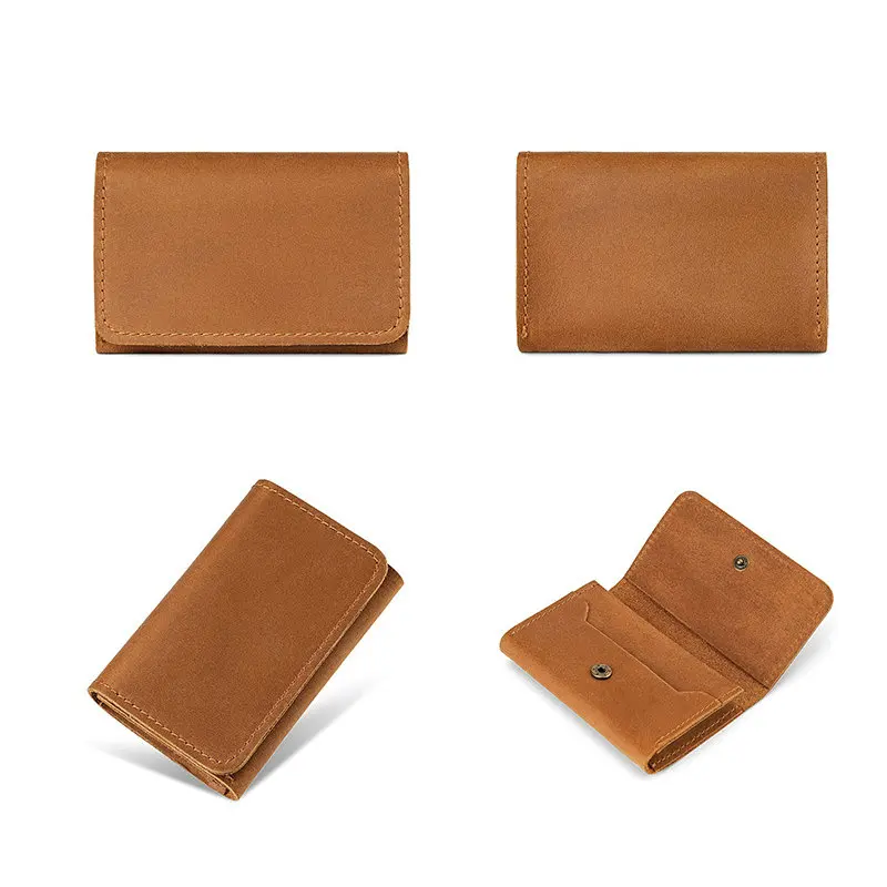 GENODERN Men's Cowhide Card Holder Crazy Horse Leather Slim Wallet with Button for Cards & Cash Stylish Credit Card Holders