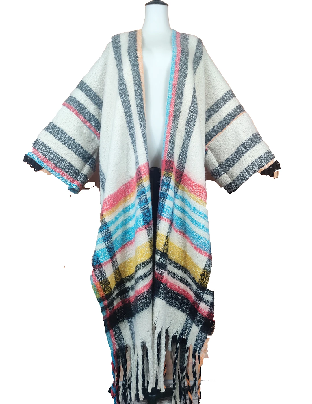 

African Fashion lady Popular Stripe Printed Fringe Warm Long Cardigans Plus Size Europe Winter StreetWear Duster Coat