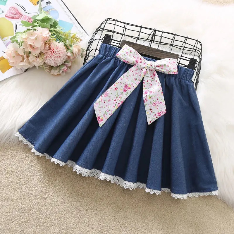 

Kids Girls Denim Skirts Floral Bow Pleated Skirts 2023 New Spring Summer Teenage Solid Jean Skirts Lace Stitching Skirts 5-18Y