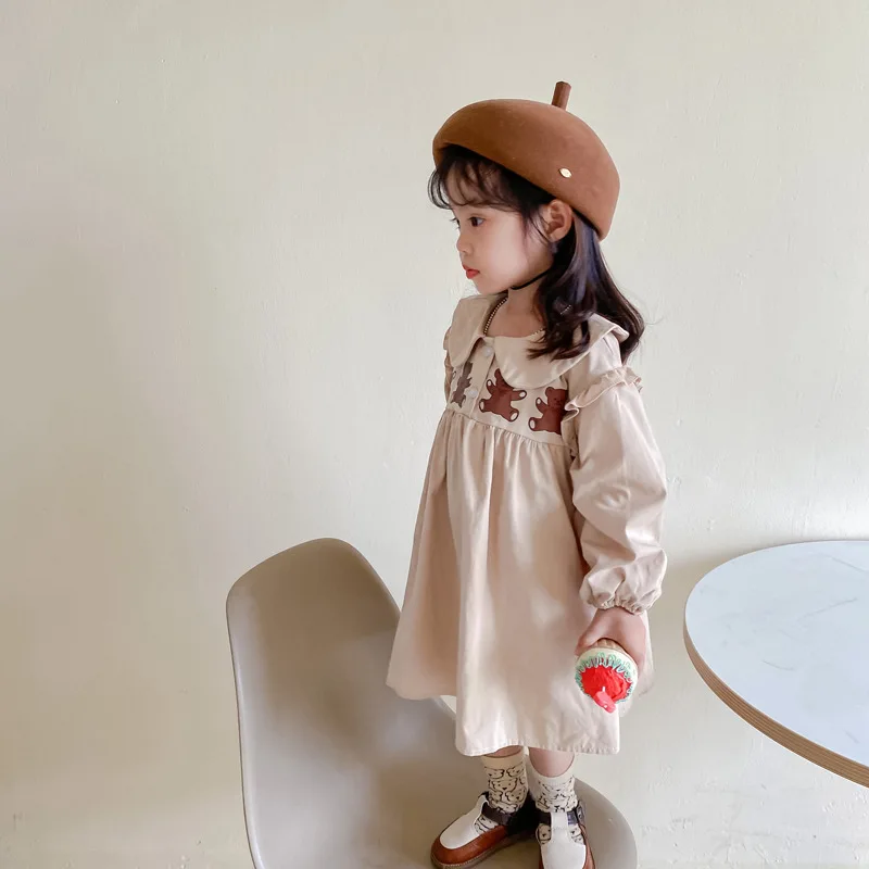 Kids Doll Collar Dress  Girls' Cartoon Bear Print Spring Autumn Korean Long-Sleeved Casual Loose Baby Girl Princess Dresses in Khaki