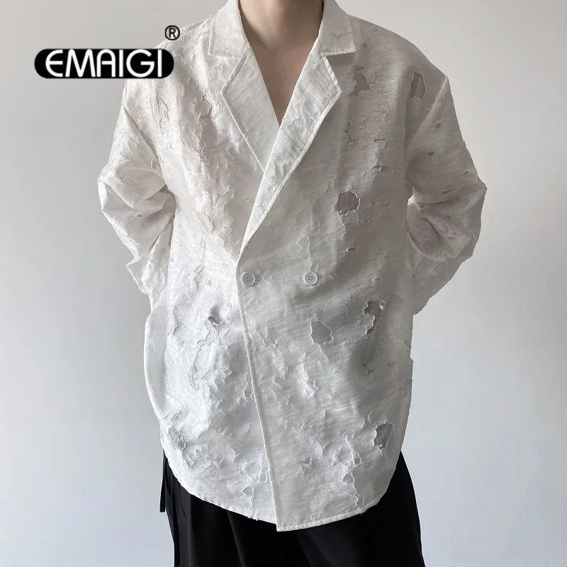 

Men's Long Sleeve Double-breasted Suit Collar Japan Streetwear Fashion Vintage Loose Casual Shirts Man Stage Show Clothing