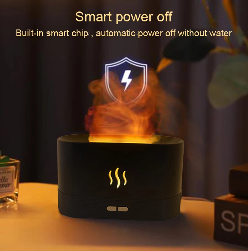 USB Simulation Flame Night Light with 250ML Water Tank Humidifier Aroma Diffuser for Home Office Bedroom Atmosphere Desk Lamp