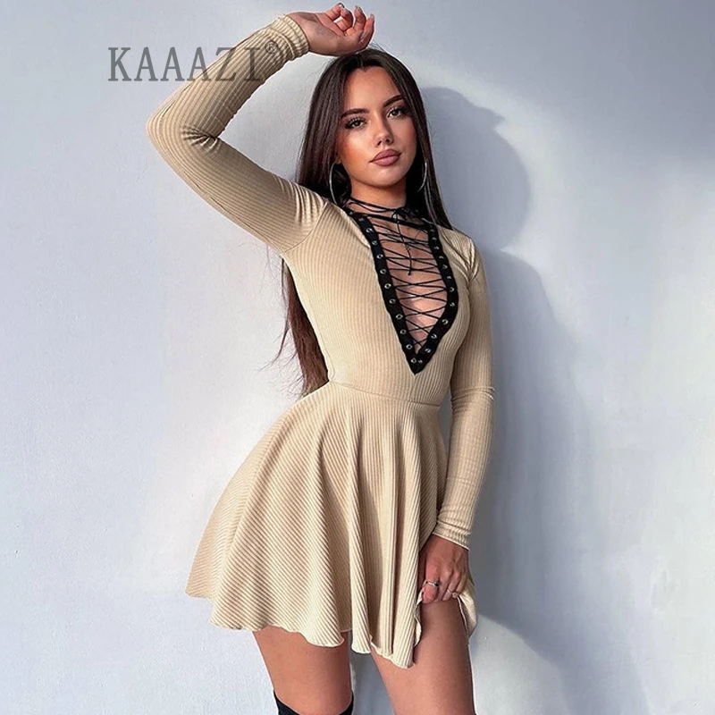 

KAAAZI New Women A-line Sexy Short Dress Long Sleeve Lace-up V-neck Spliced Slim Chic Solid Mini Dresses Fashion Party Prom