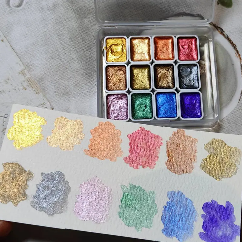 12 colors solid watercolor paints set watercolor painting set,watercolor paint,watercolor pigment Textured Pearlescent Pigment Metallic Glitter Acuarela Suit Portable Art Supplies