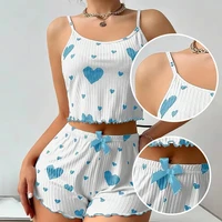 Summer New Women's Pajama Set Breathable Soft Casual Love Printed Design Sweet Home Strap Shorts Pajamas - Image 6