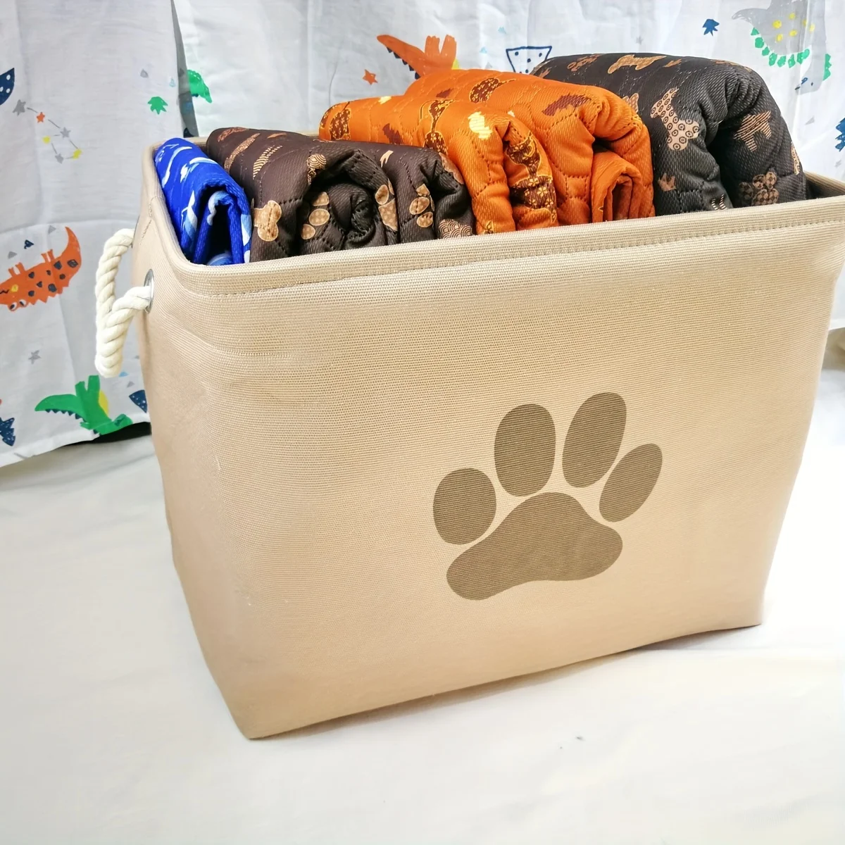 1pc Foldable Storage Baskets Cute Claw Pattern Fabric Organizer Collection Bin Box with Durable Handles For Pet Dog Cat Toys 6
