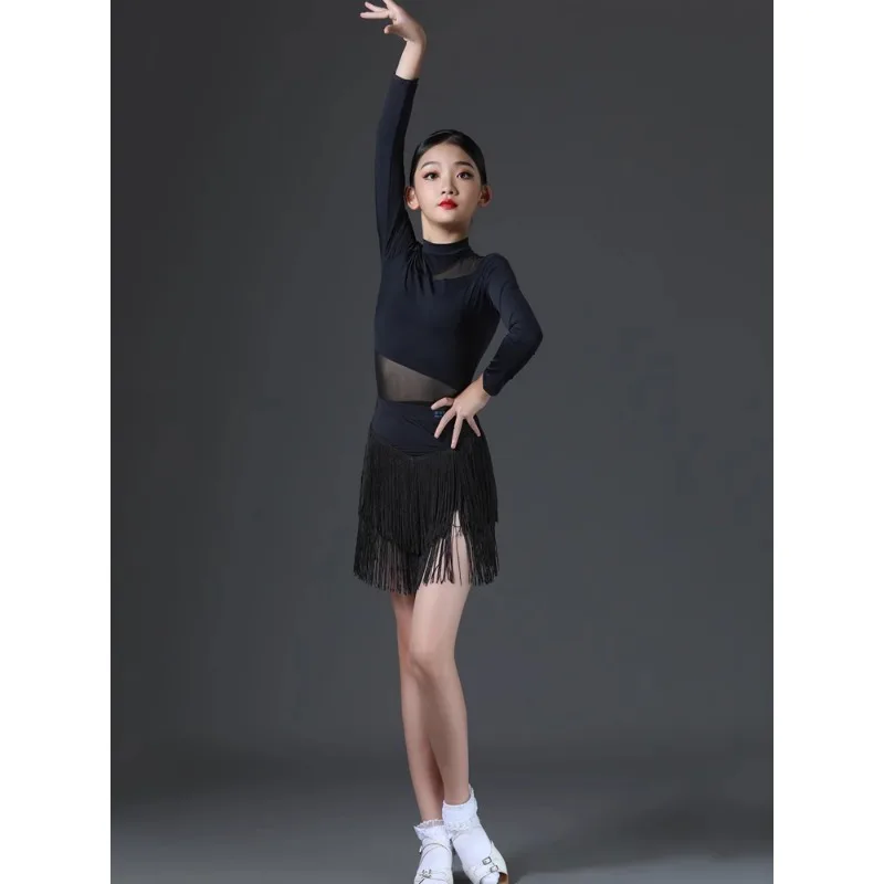 

Children's Latin Dance Performance Dress New Long sleeved Fringe Skirt Split Set Women's Dance Practice Dress