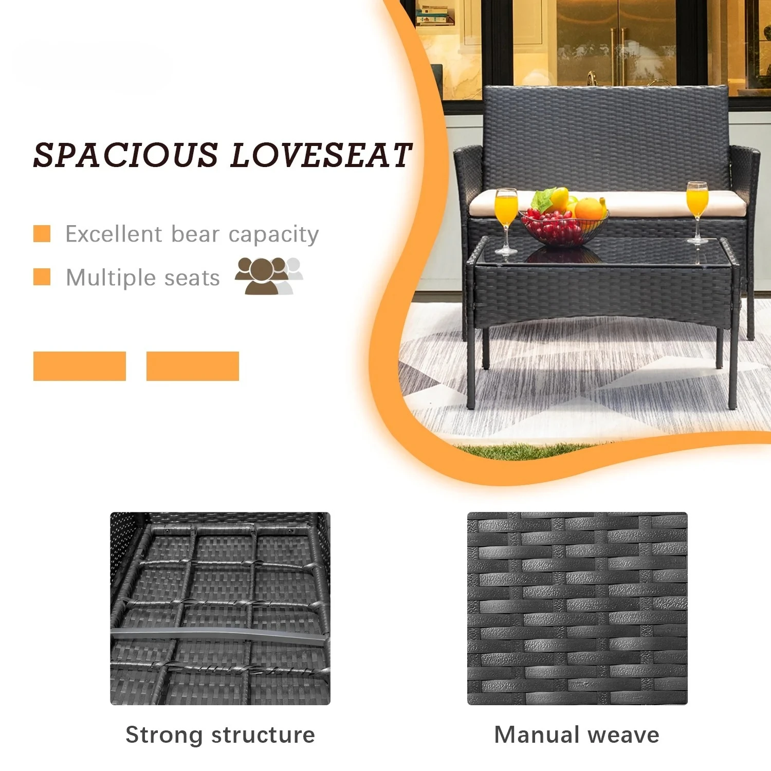 4 Pieces Patio Furniture Set Rattan Outside Furniture Wicker Sofa Garden Conversation Sets with Soft Cushion and Glass Table for 6