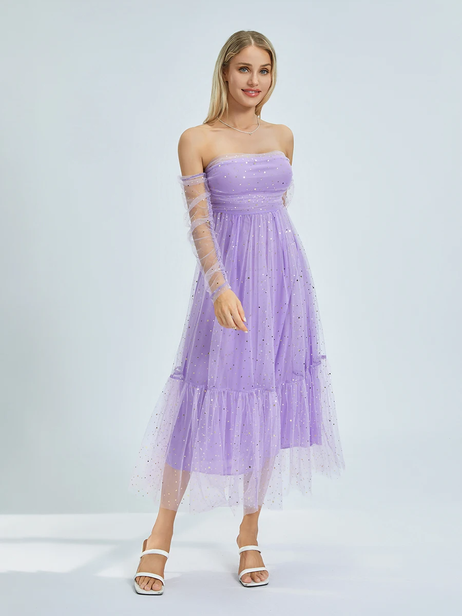 Women Long Evening Gown Dress Sequins Boat Neck Off Shoulder Long Sleeve Cocktail Dress Mesh Backless Party A-line Dress