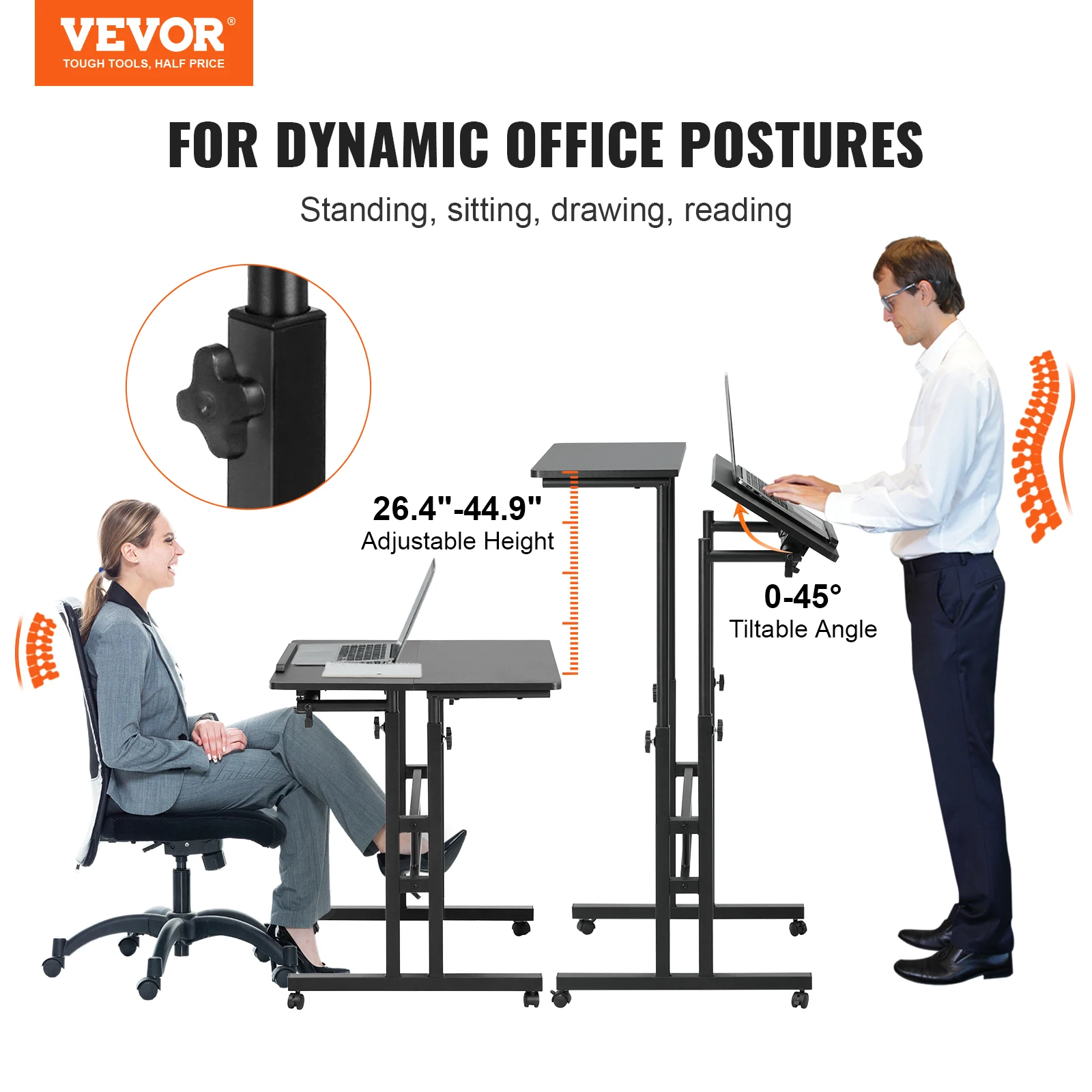 Sit-Stand Desk VEVOR 26.4"-44.9" Gas-Spring Height Adjustable 360&deg; Swivel Wheels Home Office Rolling Laptop Tiltable