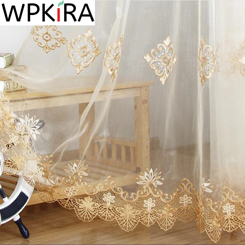 Luxury European Water Soluble Embroidery Sheer Curtain for Living room Tulle Bottom Gold Lacework Window Screen Custom WP160H
