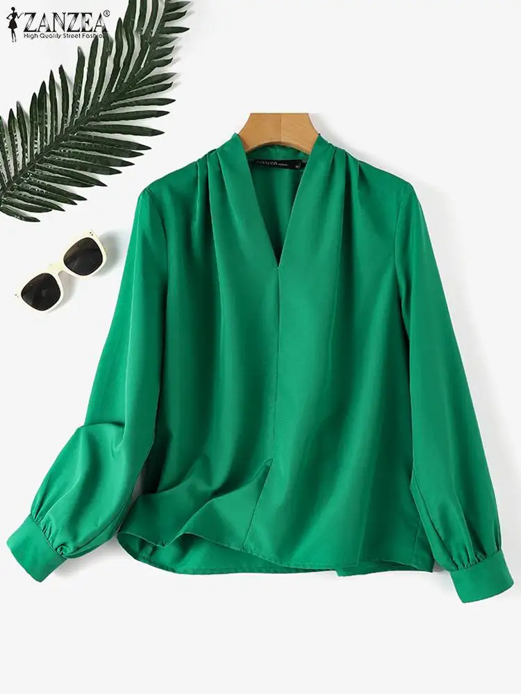 ZANZEA Vintage OL Pleating Blusas Oversized Women V-neck Shirts Fashion Solid Color Tops Tunic 2023 Autumn Long Sleeve Blouses