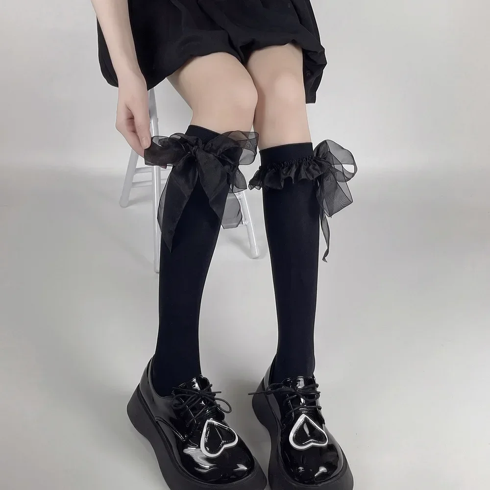 

Black Women Stockings Kawaii Cute Long Socks Stockings Sweet Girls Lace Bowknot Ruffles Knees Socks Stockings JK Japanese Styles