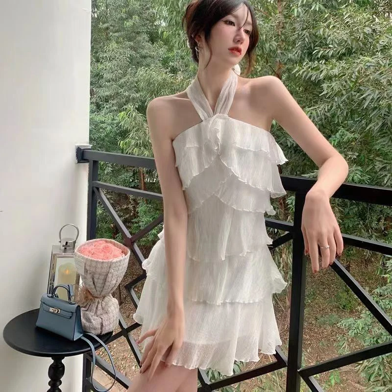 

2023 Summer New Beach Dress Retro Ruffle Bra Chiffon Cake Solid Color Korean Sexy Hanging Neck Shoulder High Waist Puffy Dress