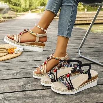 Fashion T-Strap Platform Sandals for Women New Mix Color Elastic Band Wedge Sandals Woman Summer Daily Open Toe Sandalias Female 1