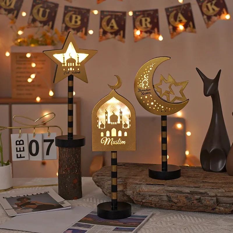 

EID Mubarak Wooden Ornaments Moon LED Lights, Ramadan Lamp, Islam Muslim Event Party, Home Table Decoration, Kareem Gifts, 2024