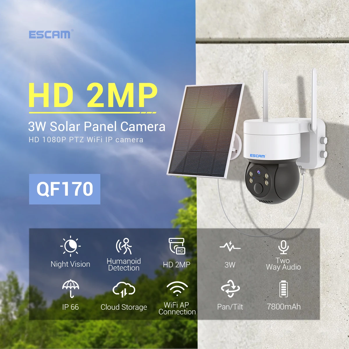 Escam Qf170 2Mp 1080P Icsee App Solar Battery Power Low Comsunption Ip Camera Home Security Cctv Intercom Baby Monitor