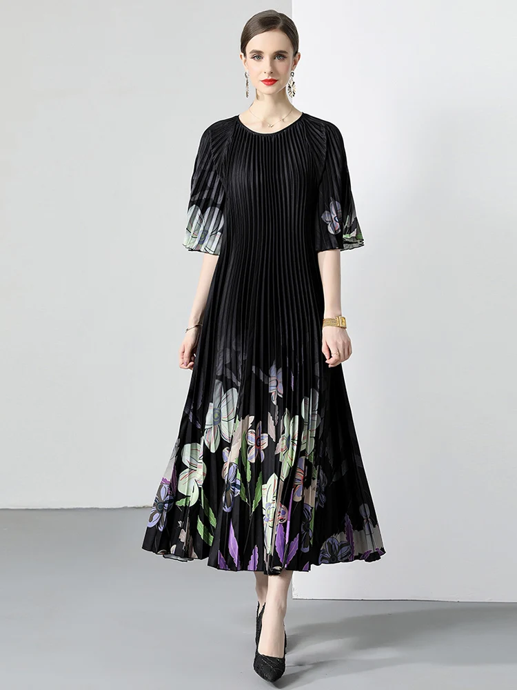 Miyake New Summer Pleated Long Dress Women O-Neck Lace-up Belt Print Loose Large Size Vintage Party  Vestidos Maxi Dress 2023