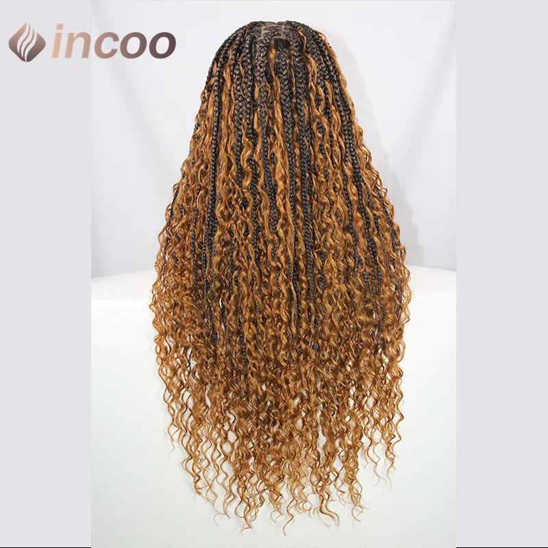 Boho Box Braid Wigs Ginger Blonde Wave Curly Synthetic Full Lace Front Wigs Pre-Plucked Baby Hair For Women 613 Box Braided Wig