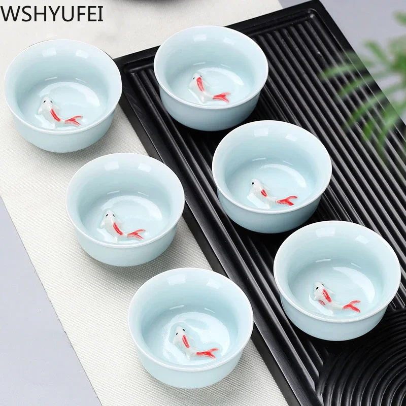 6 pcs/lot Tea set Small Tea Cup Ceramic Set Household Single Cup Master Blue and White Porcelain Celadon Gift Box tea cup glass tea set