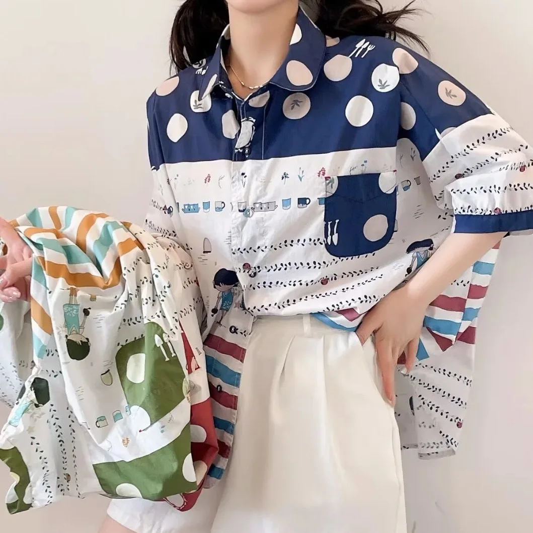 

Linen and cotton shirts oversized mori girls summer Japan style harajuku fashion loose cartoon polka dots patchwork blouse