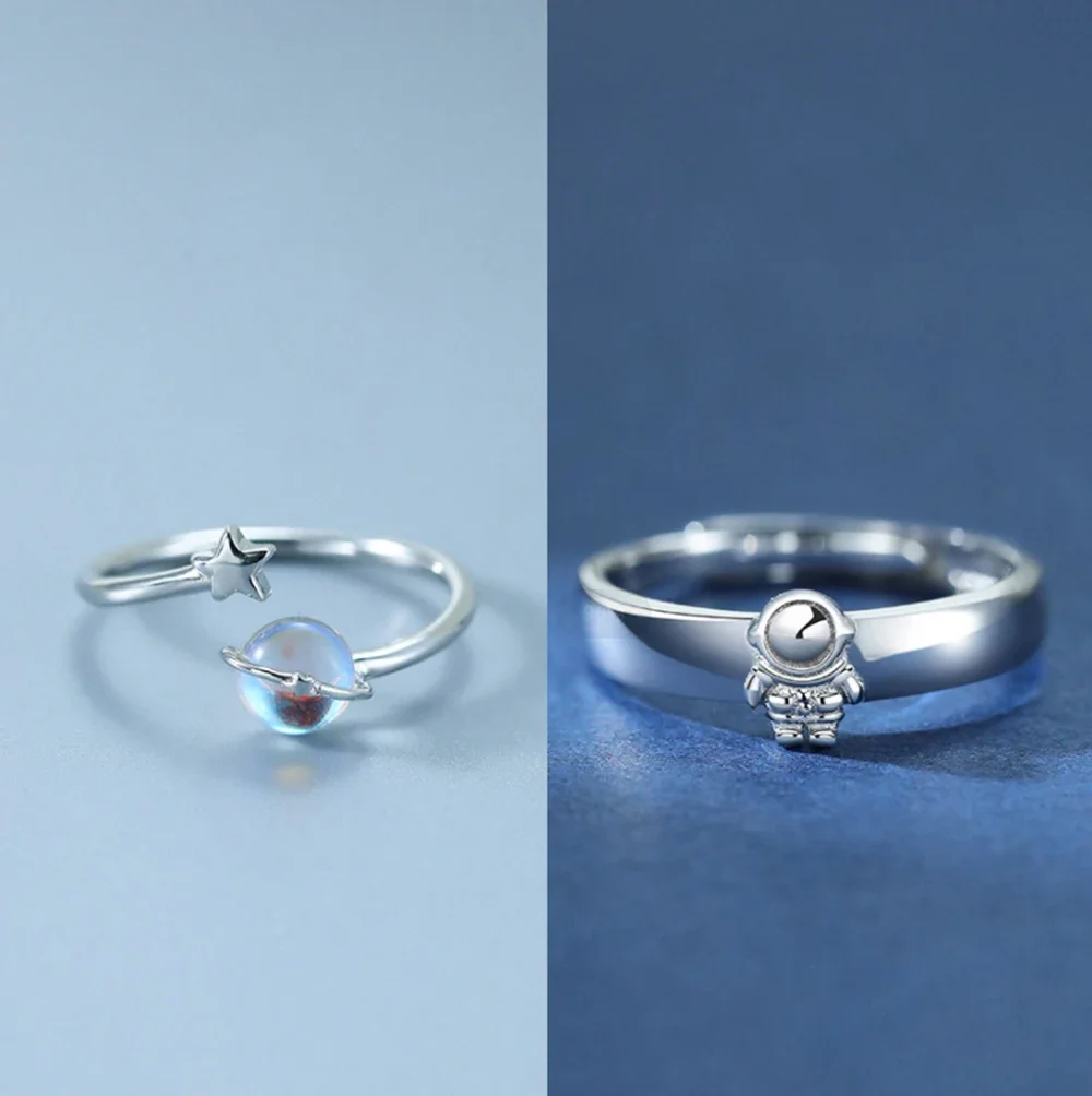 New Design Couple Rings Happy Planet Astronaut Moonstone Couple Pair Ring Women Men Dating Ring for Gift