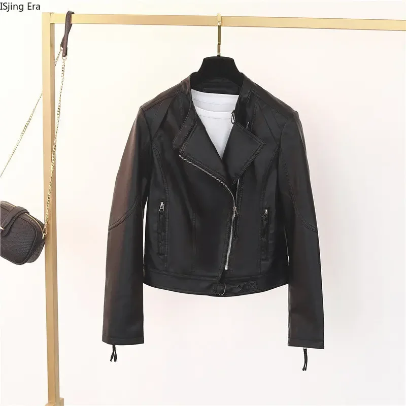 2023 New Women Slim Fit PU Wash Leather Jacket Q1