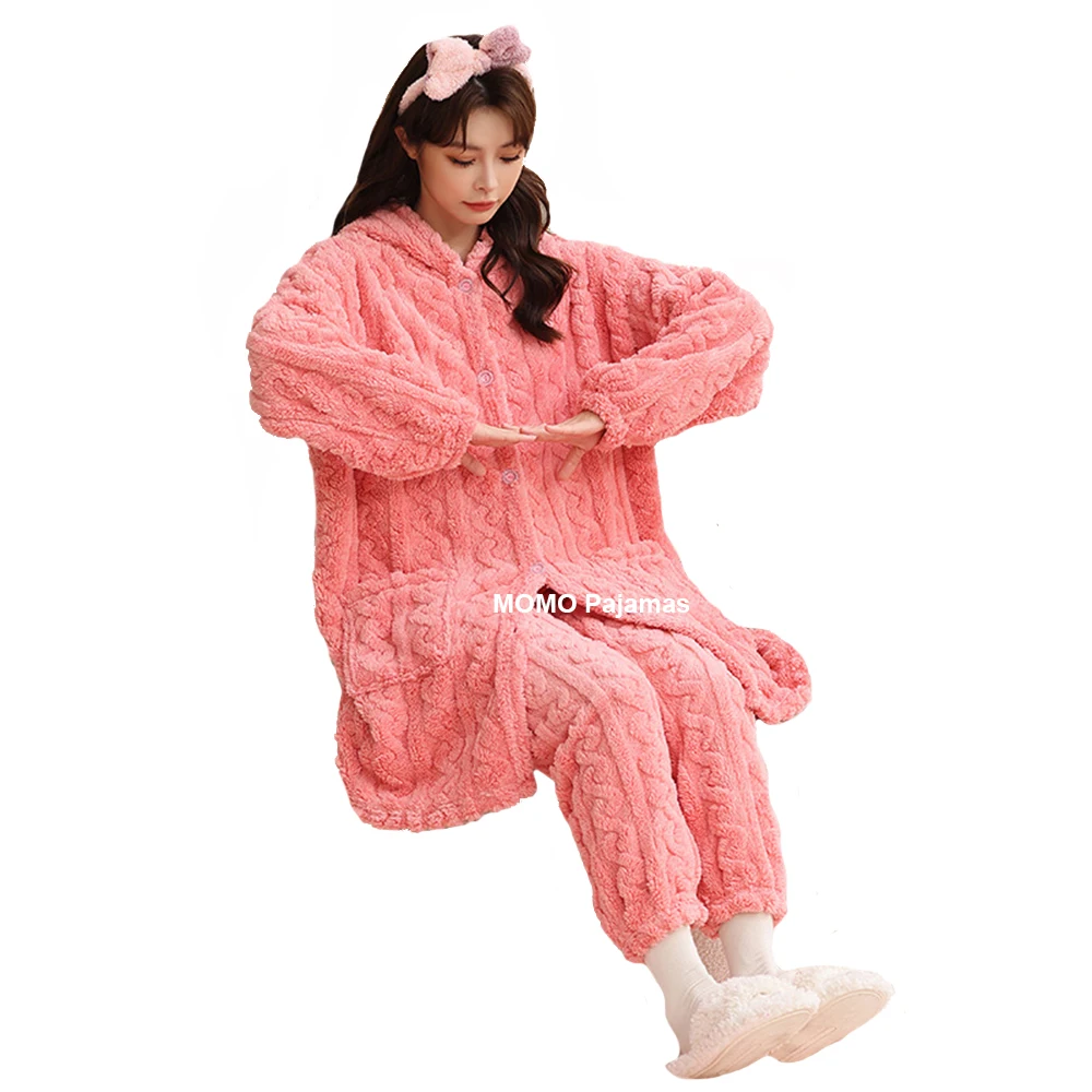Winter Jacquard Flannel Pajamas Sets Women Pyjamas Solid Hooded Nightgown With Pants Suit Pijama Mujer Nightdress Suits Homewear