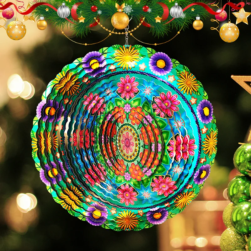 PSATHENATI Wind Spinner Mandala Green Flower 12 in 3D Stainless Steel Art Geometric Pattern Hanging Kinetic Yard Art Decorations