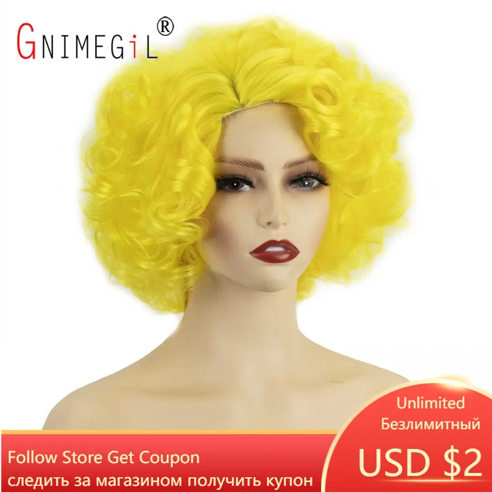 

GNIMEGIL Yellow Wig Cosplay Synthetic Wig Short Curly Hair Costume Wig for Woman High Temperature Afro Curls Dress Up Party Fun