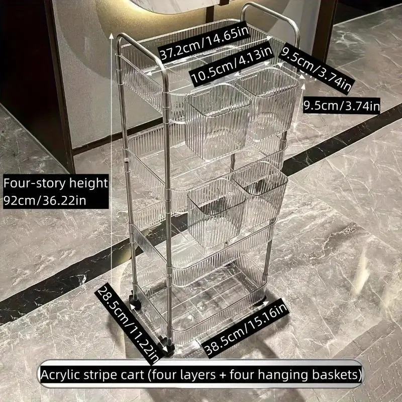 1pc Storage Rack, Acrylic Transparent Trolley with Wheels, Large Capacity Storage Organizer with Removable Hanging Baskets