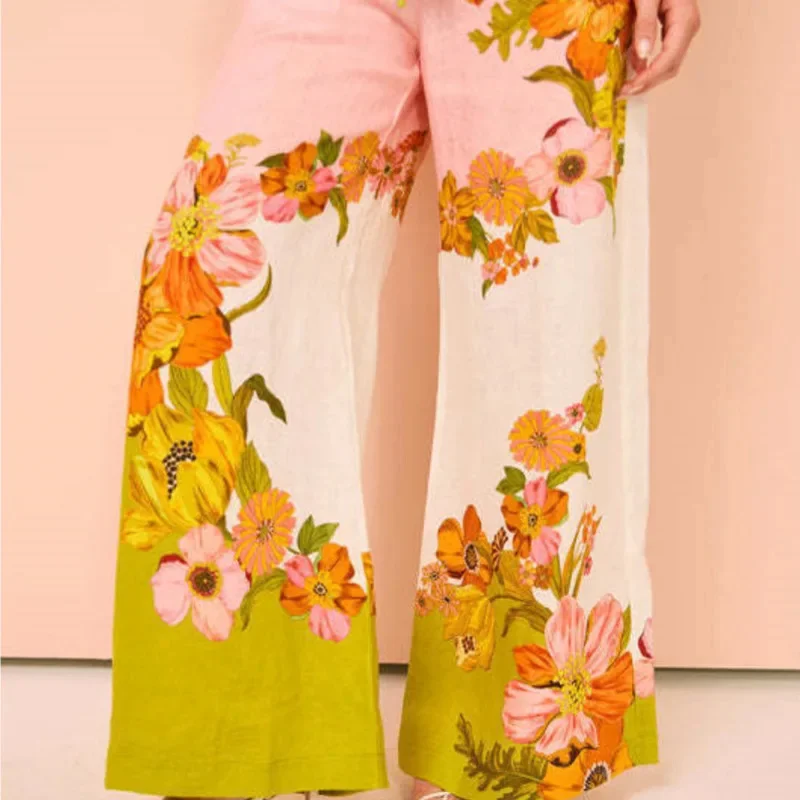 Elegant Pant Sets For Women Catton Linen Floral Printed Polo Collar Half Sleeve Shirt High Waist Wide Leg Pants Trouser Sets