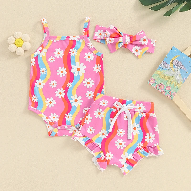 

Infant Baby Girls Outfit Flower Print Sleeveless Romper with Shorts Hairband Summer Shorts Set