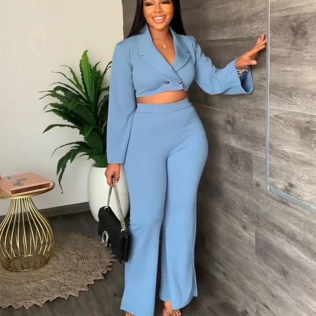 Elegant Work Wear Two Piece Set Women Clothes Button Office Crop Top And Flare  Pants Suits Matching Sets Lady Sexy Club Outfits - Pant Sets - AliExpress