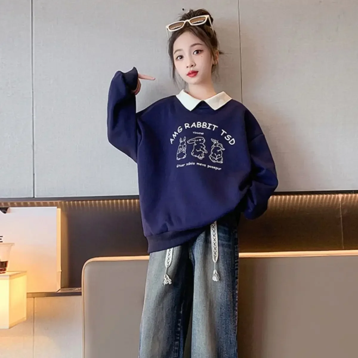 

2024 Fashion autumn Girls clothes polo teens Hoodies bunny Print Sweatshirts tops warm T-shirt dresses kids 5 9 7 12 year