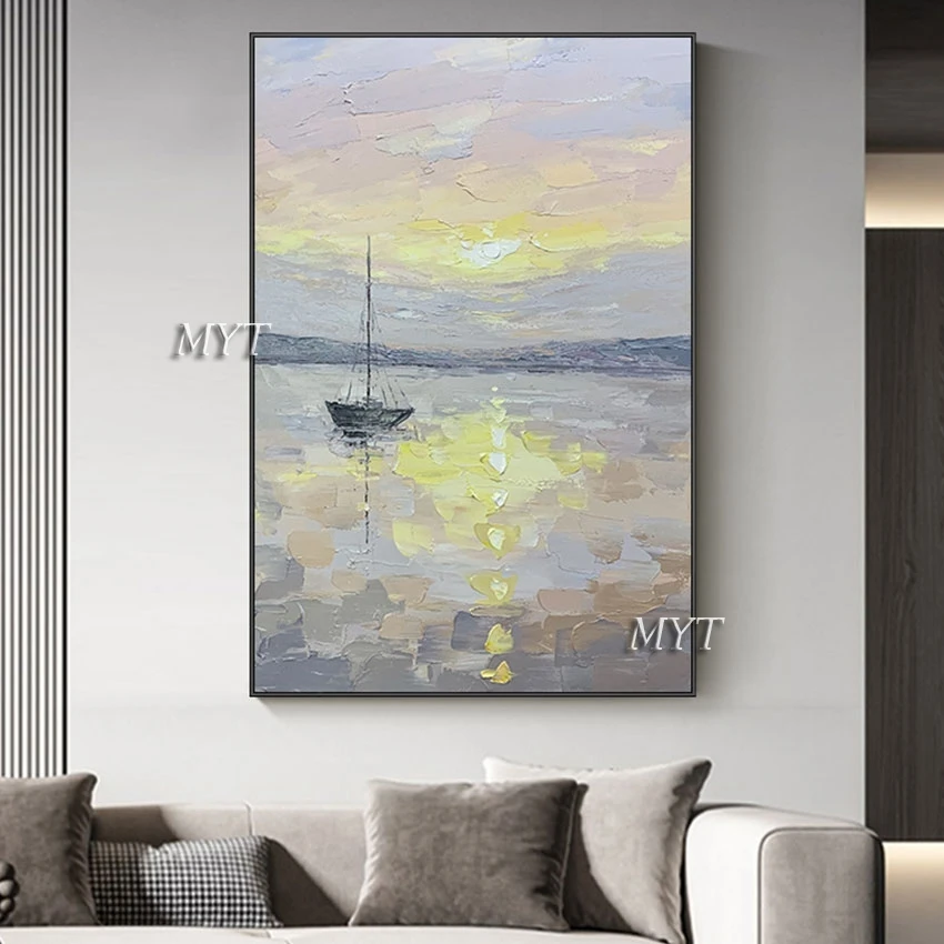 

Palette Knife Seascape Oil Painting Sunset Picture Acrylic Texture Simple Unframed Abstract Wall Art Sailboat Canvas Artwork