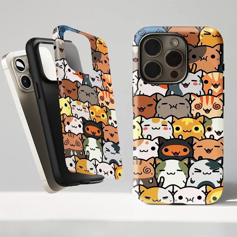 Cartoon Cat Dual-Layer Protective Phone Case with Screen Film Cover