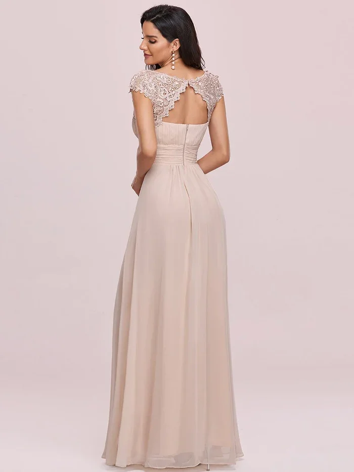 Ever Pretty Elegant Floor-Length Chiffon Evening Gown With Pleats And Short Lace Sleeves