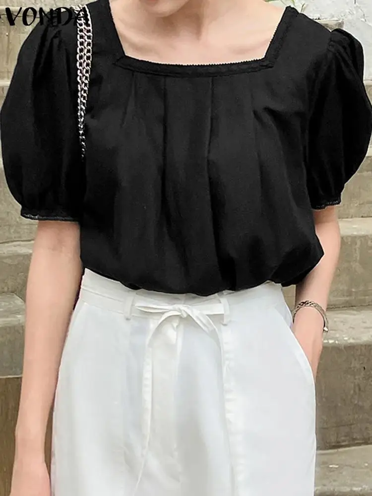 

Elegant Blouse VONDA Women Square Collar Summer Tops 2023 Fashion Casual Loose Solid Color Short Puff Sleeve Shirts Blusas Femme